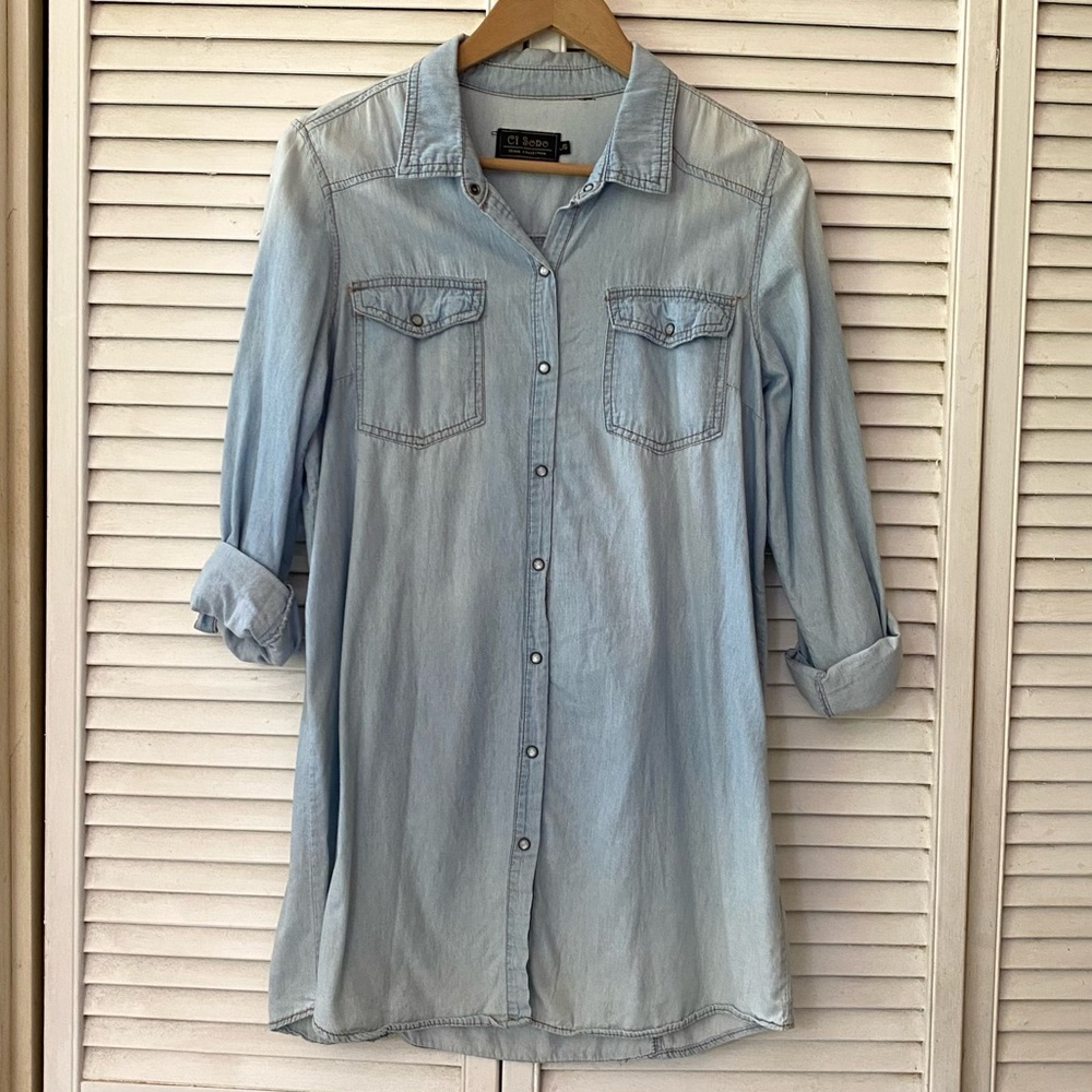 Ci Sono Girls Shirt Dress Large Light Wash Blue Denim Pearl Snap Button-Up